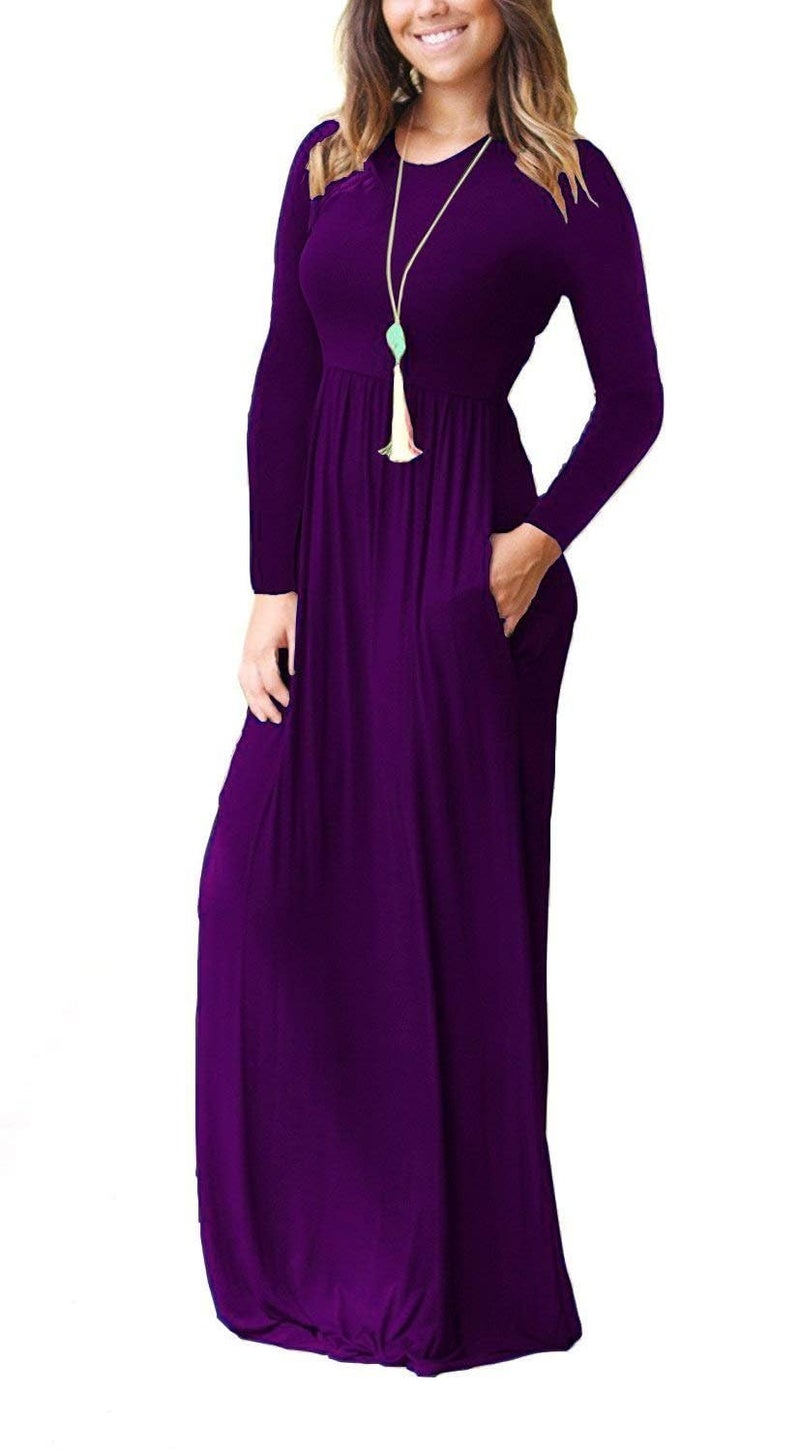 MISFAY Women's Long Sleeve Loose Plain Maxi Dresses Casual Long Dresses Pocket(Purple,M) - Image 2